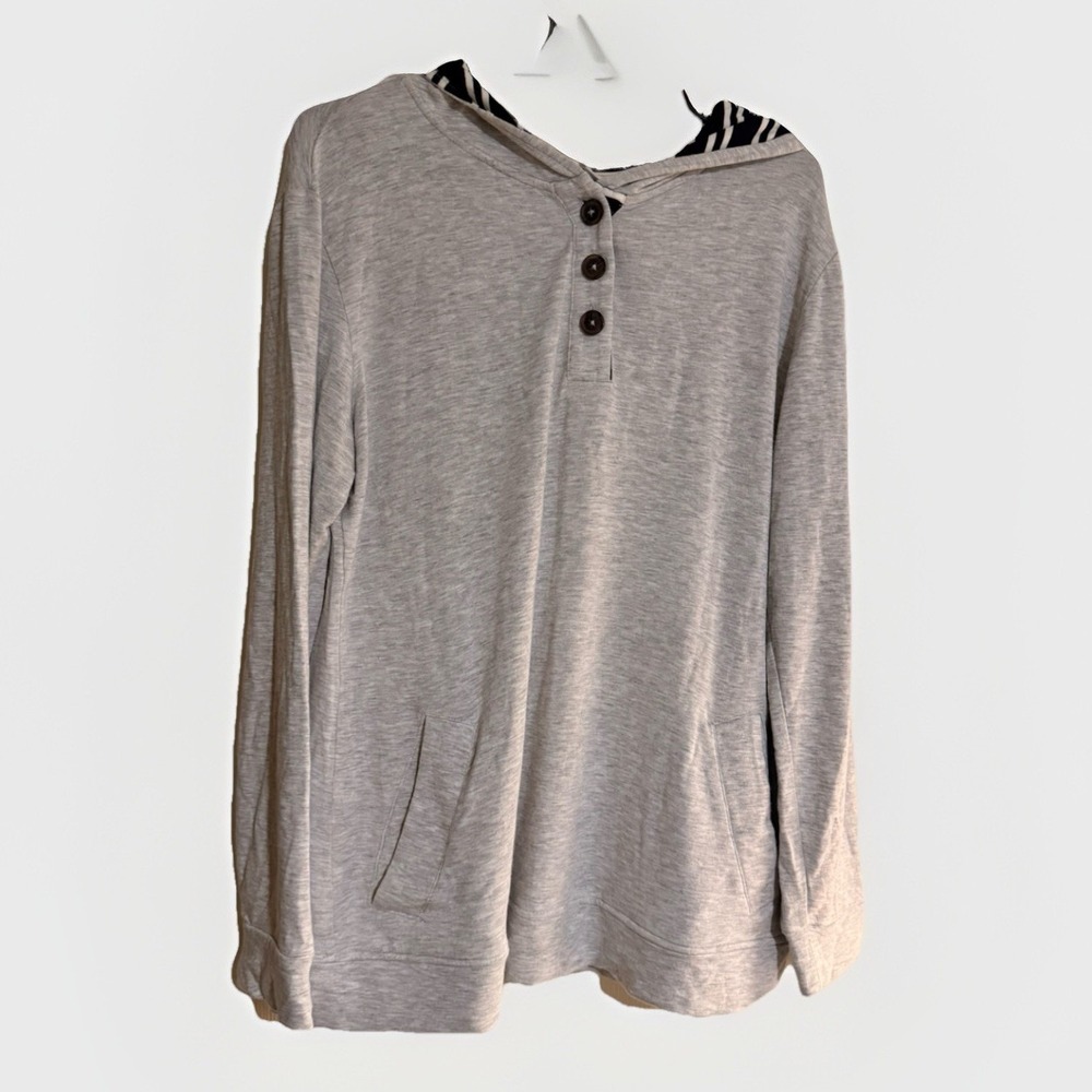 Market & Spruce Women Heather Gray Henley Hoodie Striped Lining Size Medium